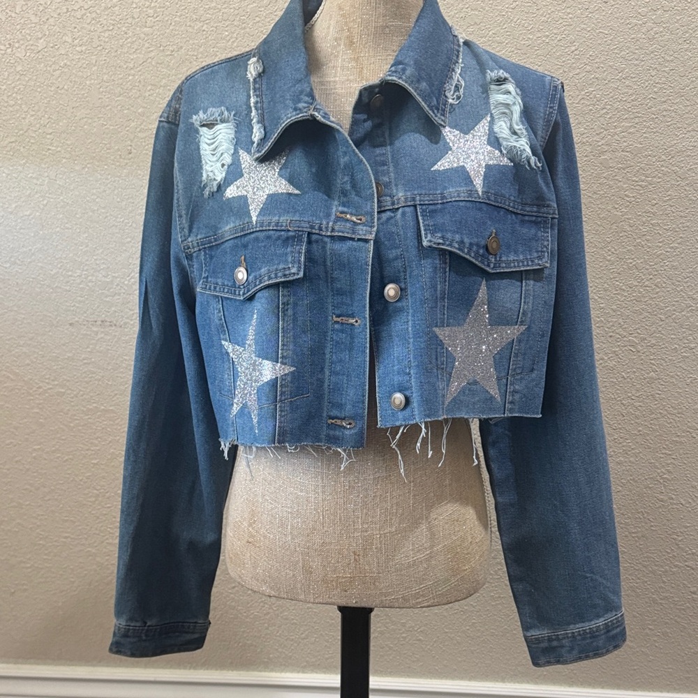 Denim Star-Patterned Cropped Jacket - image 1